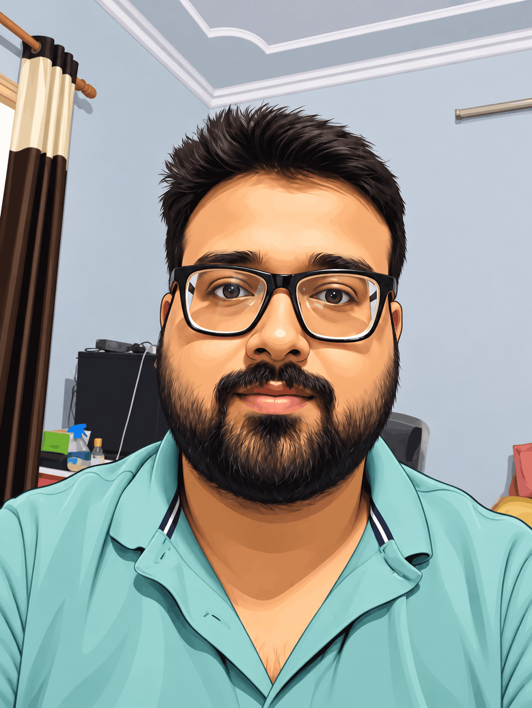 Illustrated portrait of Aditya Rathore, wearing glasses and a teal shirt.